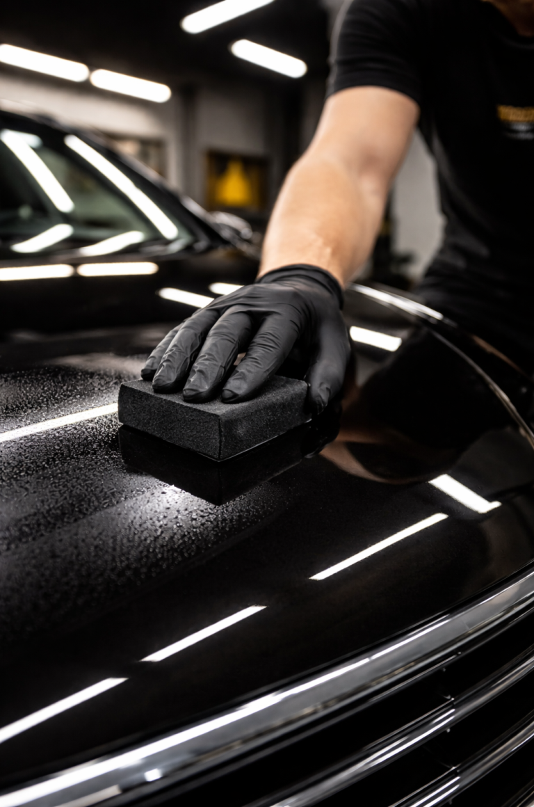 Hand in schwarzem Handschuh trägt mit einem schwarzen Applikator-Block präzise Keramik Versiegelung auf glänzenden, schwarzen Autolack auf.