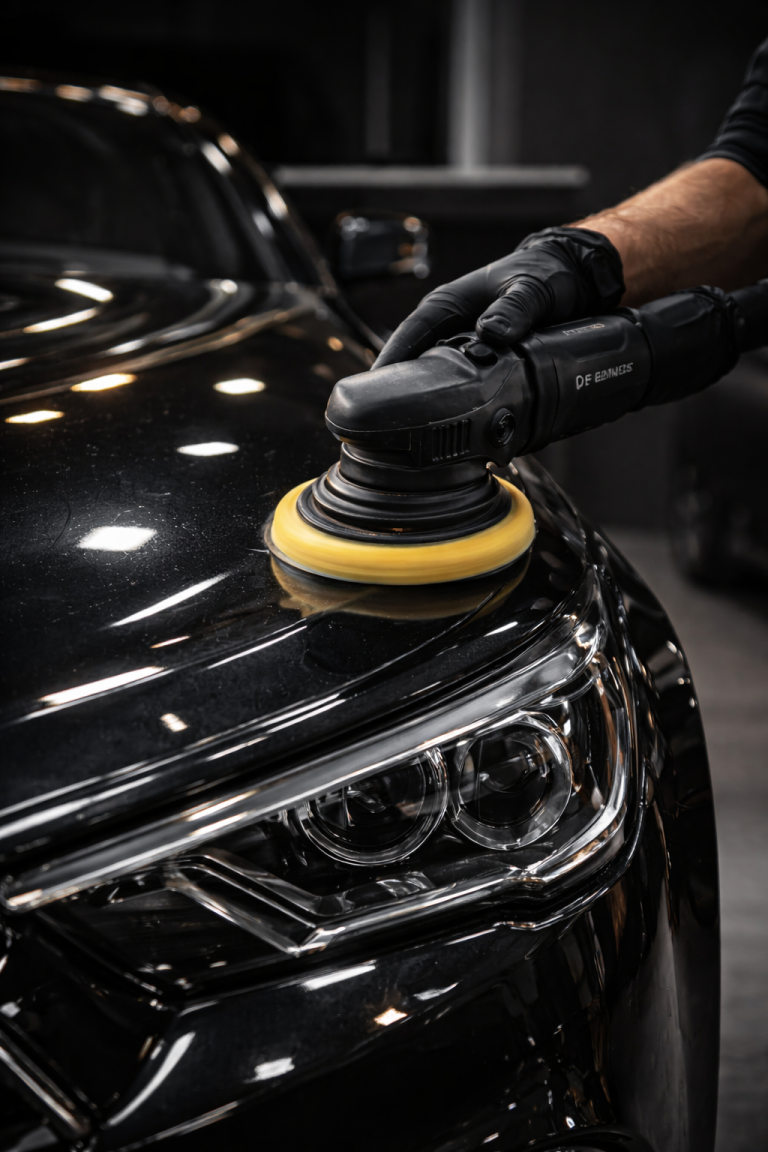 Detailaufnahme einer professionellen Lackaufbereitung mit der Poliermaschine zur intensiven Kratzerentfernung auf dunklem Autolack.