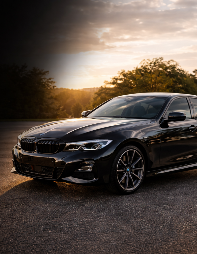 Hochglänzender schwarzer BMW im warmen Sonnenlicht. Professioneller Lackschutz bewahrt den Lack vor Umwelteinflüssen.