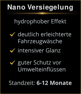 Moderne Nano Versiegelung: Stark wasserabweisender Effekt, spürbar erleichterte Fahrzeugwäsche und 6 bis 12 Monate Standzeit.
