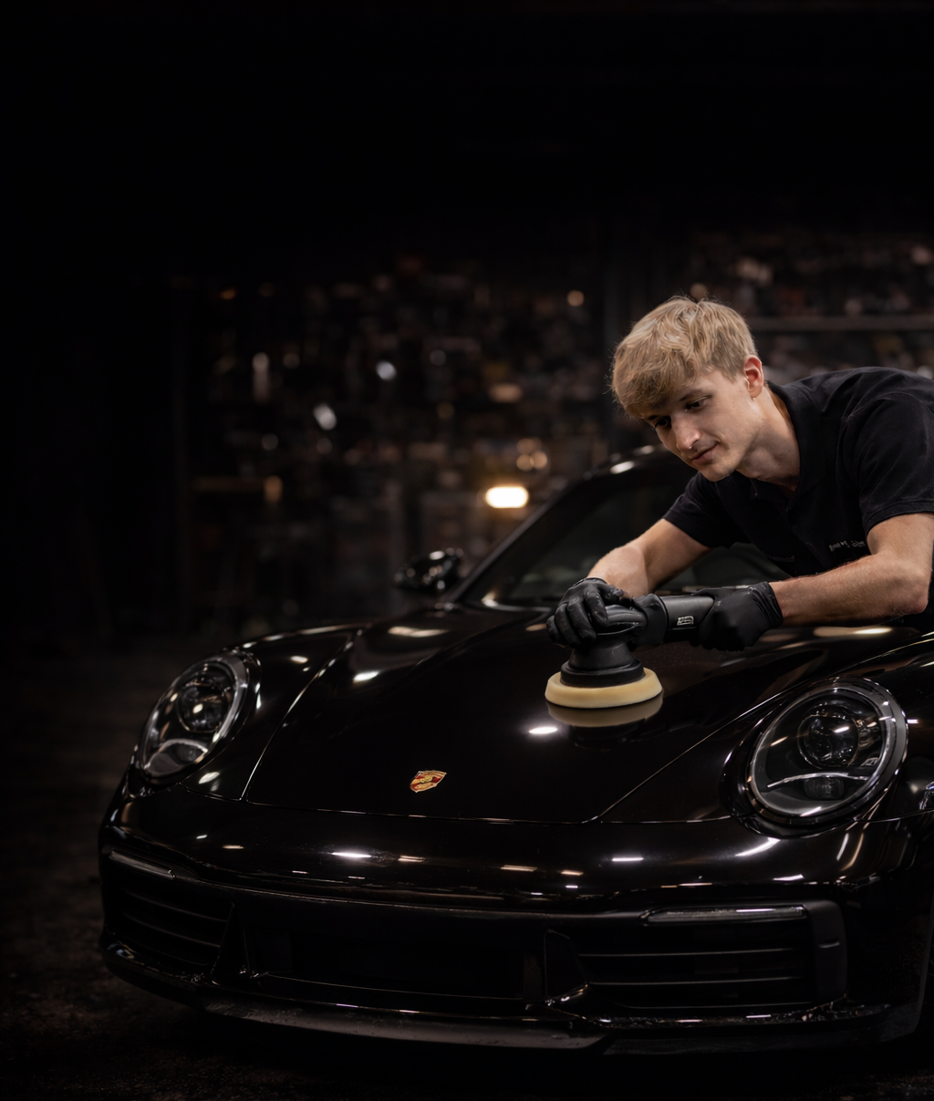Philipp Kontny bei der professionellen Lackaufbereitung mit Poliermaschine an einem schwarzen Porsche 911.