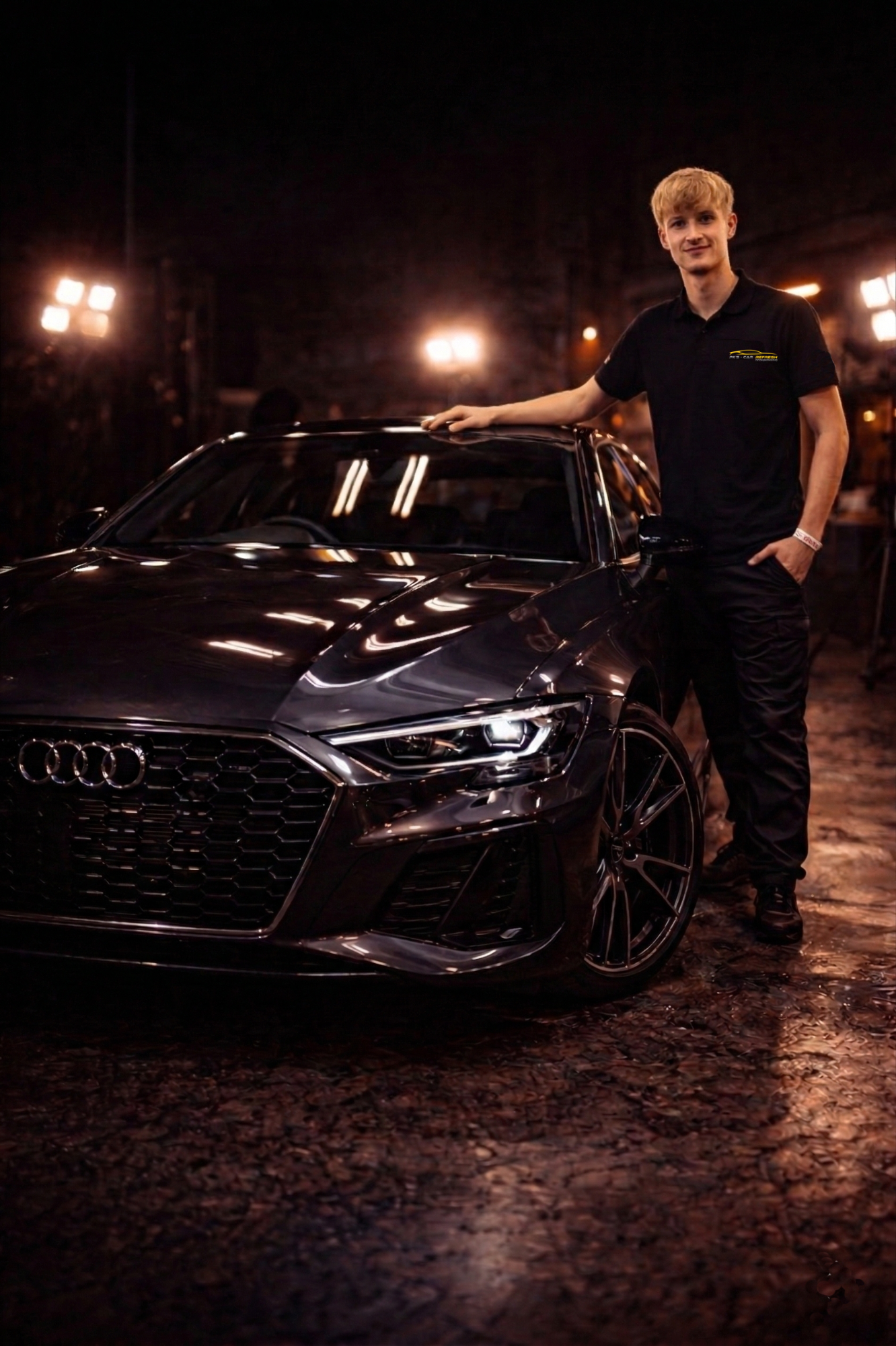 Experte für professionelle Lackaufbereitung Experte für Auto Politur: Philipp Kontny von PK's Car Refresh neben einem perfekt aufbereiteten Audi mit Spiegelglanz.