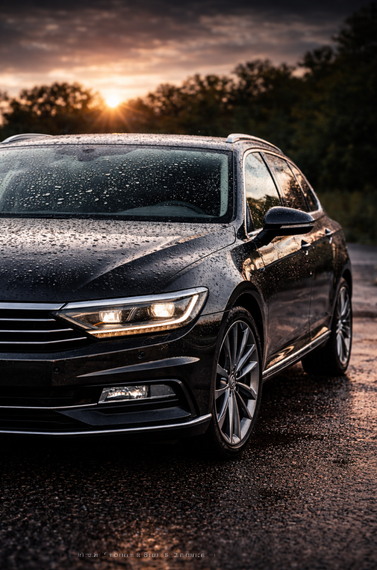 schwarzer Passat mit perfektem Wasserabperleffekt (Beading) nach Carnauba Wachs-Behandlung. Dichte Wassertropfen bedecken den Lack.