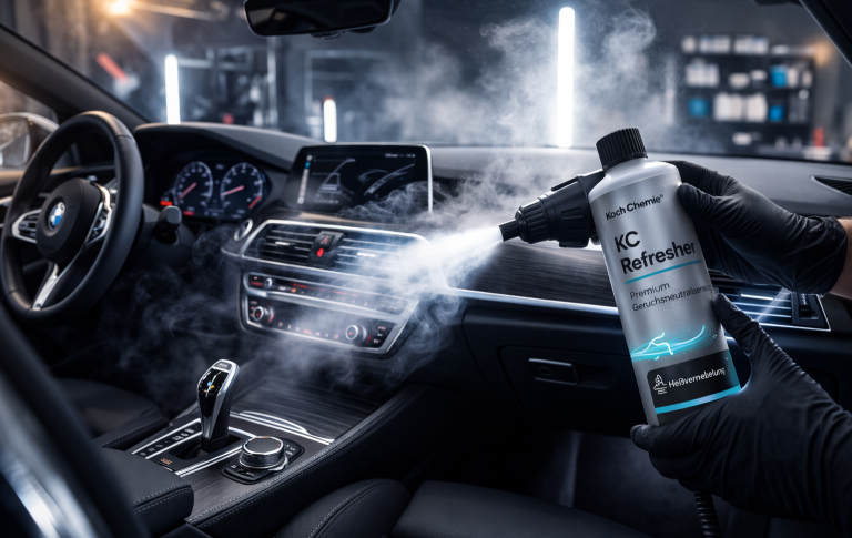Anwendung der Heißvernebelung im Auto-Innenraum zur effektiven und tiefenwirksamen Geruchsneutralisierung im gesamten Fahrzeug.
