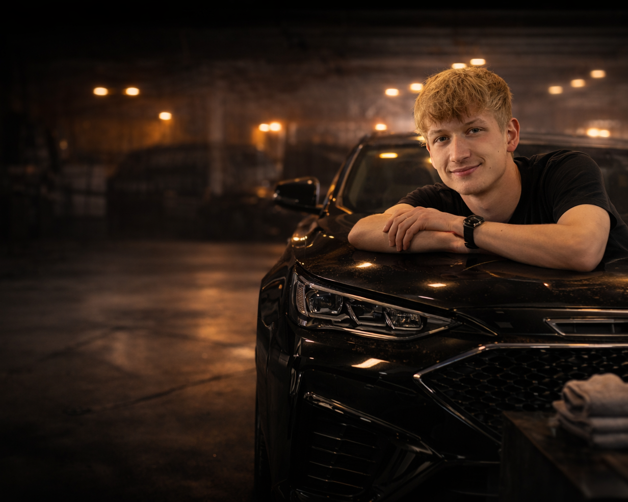 Philipp Kontny lehnt auf einem Auto vor dem Studio, darunter drei 5-Sterne-Google-Bewertungen zufriedener Kunden.