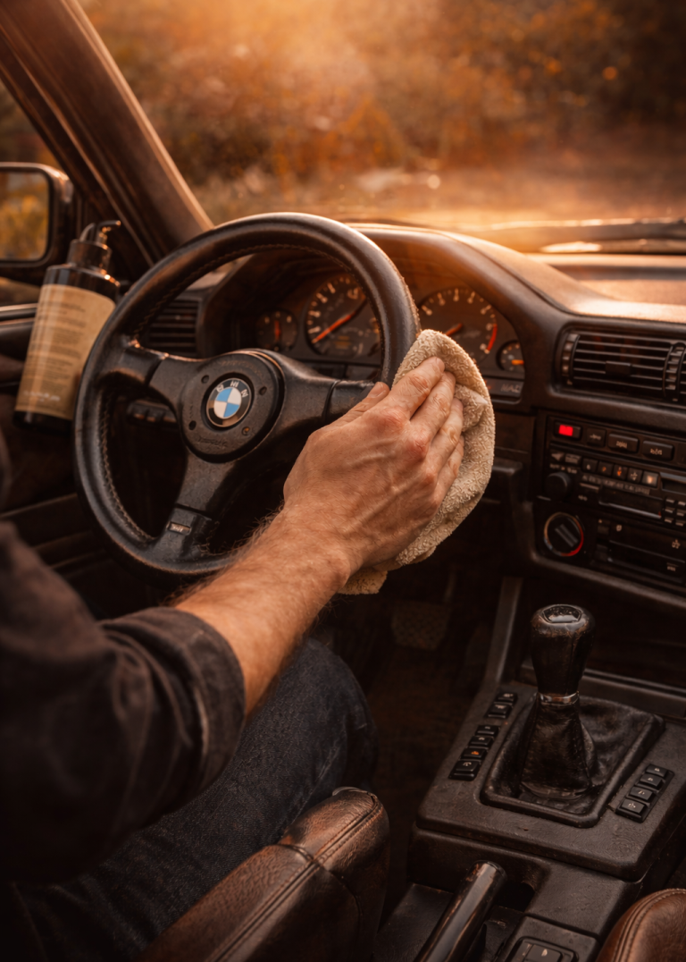 Detailorientierte Innenraum-Pflege Fachgerechte Reinigung und Lederpflege eines BME E30 Lenkrads mit speziellen Pflegemitteln