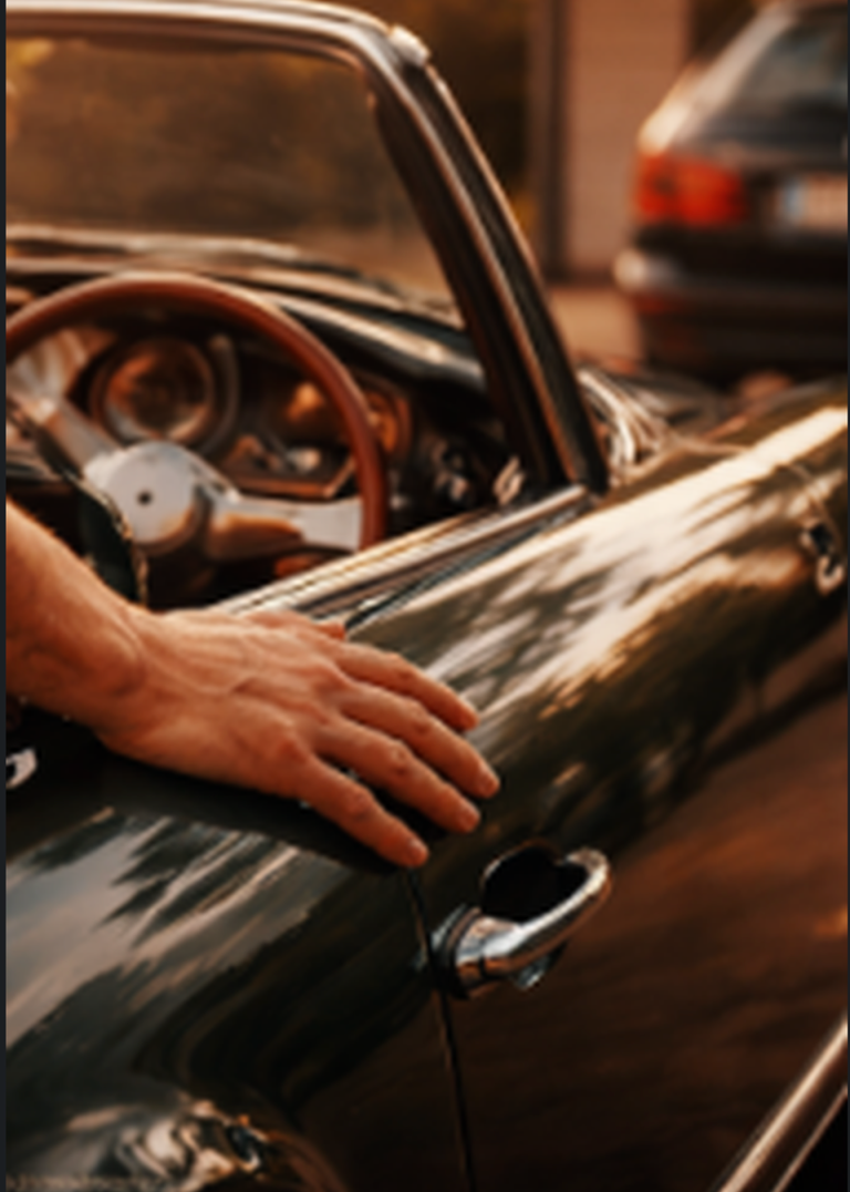 Behutsame Aufbereitung von Klassikern Nahaufnahme eines klassischen Oldtimers mit Hand am Lack.Fokus auf Werterhalt und Geschichte.