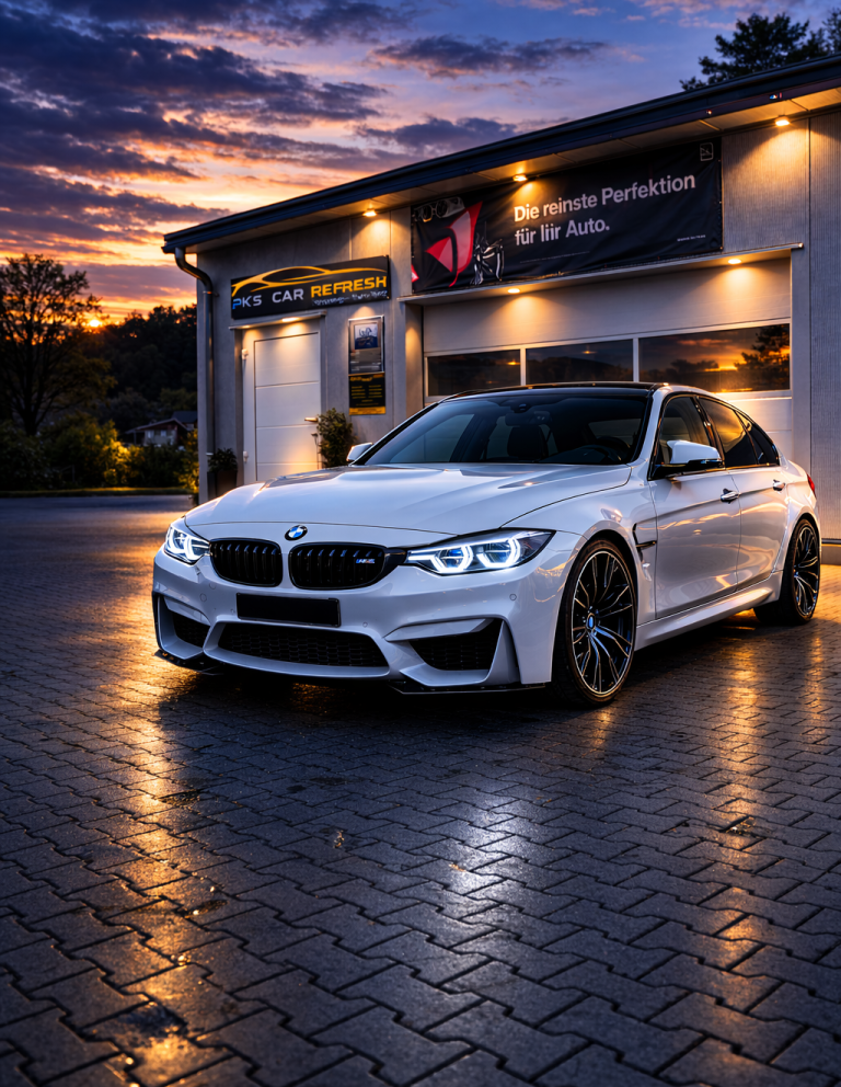 Weißer BMW nach der Nano Versiegelung vor dem Studio von PK's Car Refresh. Das Fahrzeug spiegelt sich im nassen Pflaster im Sonnenuntergang.