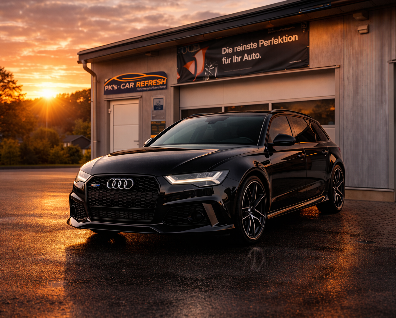 Dunkelgrauer Audi vor PK's Car Refresh Studio. Glänzender Lack nach professioneller Keramikversiegelung. Raum Neumarkt/Nürnberg