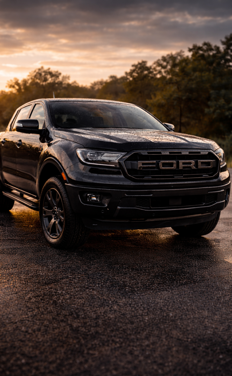 Schwarzer Ford Ranger Pickup im Sonnenuntergang mit Wassertropfen auf dem Lack. Individuelle Versiegelung für jedes Fahrzeug.