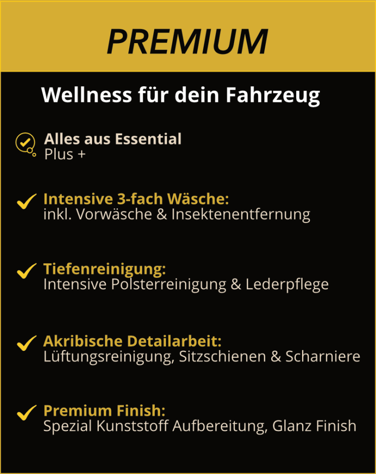 Smarte Pflege Premium: Auto-Detailing mit 3-fach Handwäsche, Polster-/Lederpflege & Glanz-Finish.