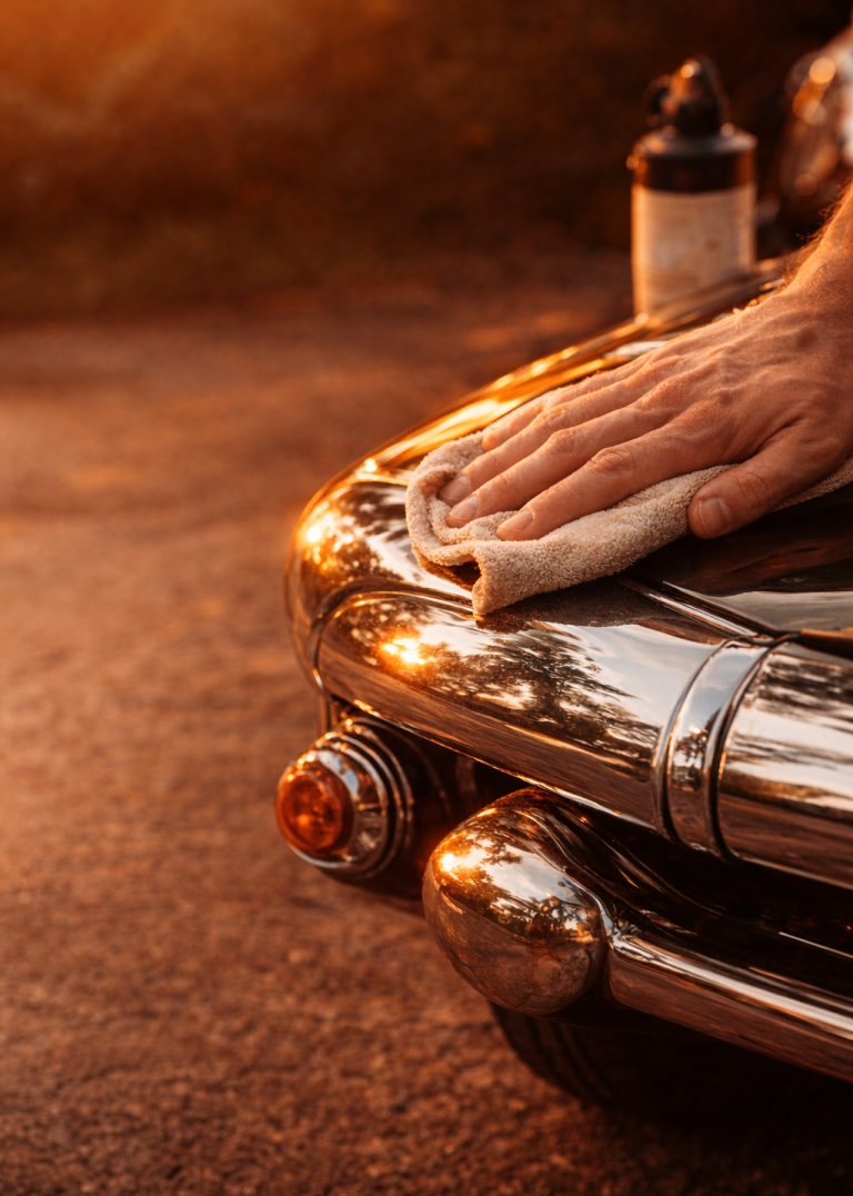 Schonende Politur & Chrompflege für Oldtimer Hand poliert mit einem Tuch den glänzenden Chrom-Kotflügel eines Oldtimers im warmen Licht des Sonnenuntergangs.