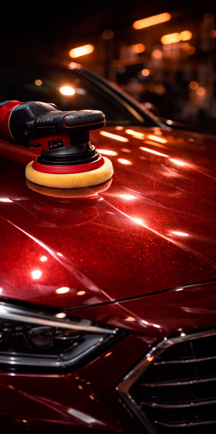 Präzise Maschinenpolitur für perfekten Lack Detailaufnahme einer Poliermaschine auf hochglänzendem, rotem Autolack während der mehrstufigen Lackaufbereitung.