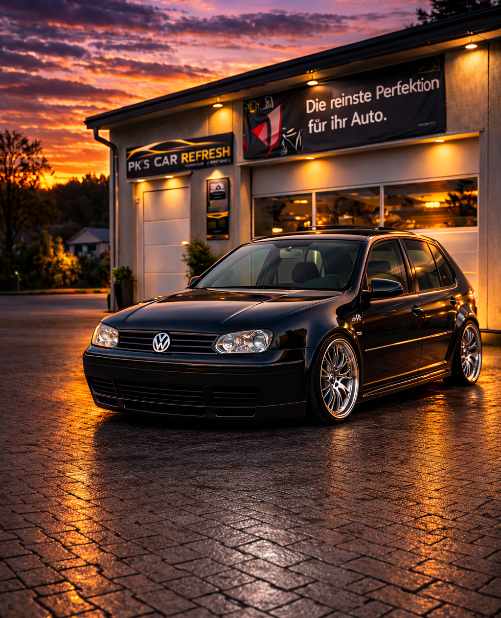 Professionelle Aufbereitung: VW Golf IV Schwarzer VW Golf IV vor dem beleuchteten PK's Car Refresh Studio. Hochglanz-Ergebnis nach professioneller Fahrzeugaufbereitung.
